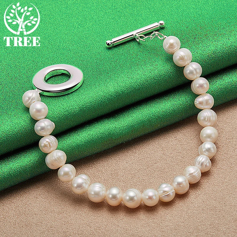 ALITREE 925 Sterling Silver Natural White Pearl Bracelet For Women Party Engagement Wedding Fashion Charm Jewelry Christmas Gift