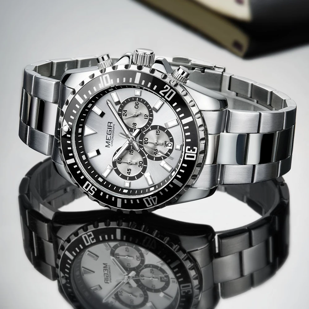 MEGIR Men's Stainless Steel Waterproof Luminous Wristwatch Chronograph Sport Quartz Analogue White Three-eyes Watches for Mens