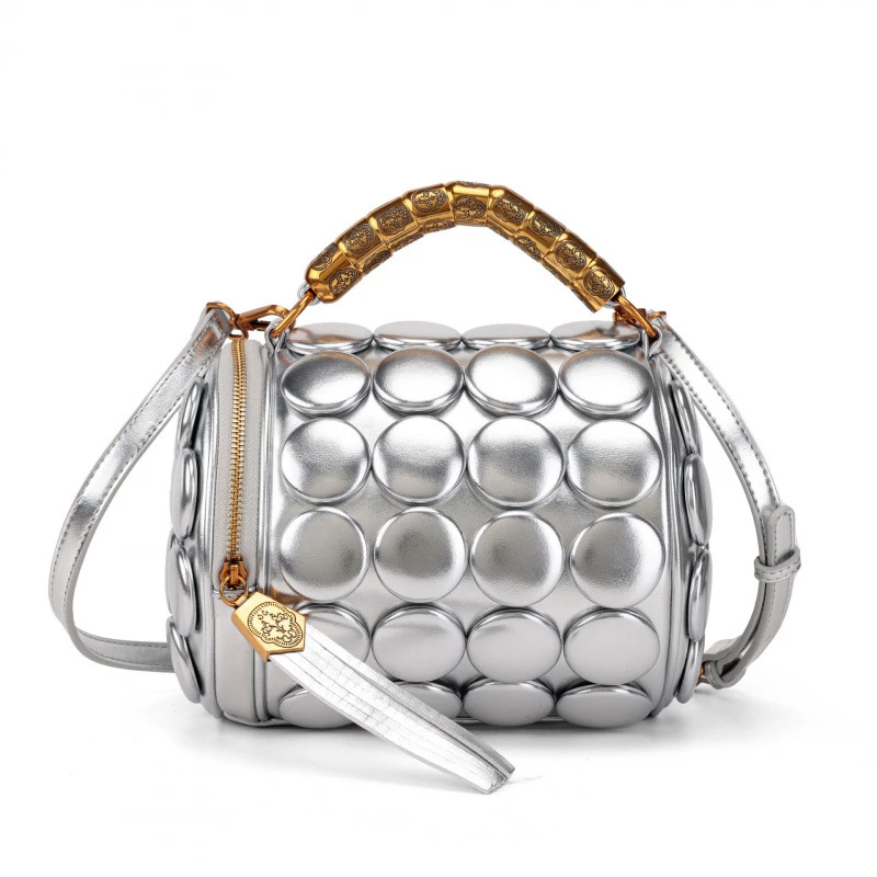 2026 Neues Design Damen Retro-Knopf-Lederhandtaschen Luxuriöse High-End Runde Röhrenförmige Bucket Bag Neue Mode Schulter-Umhängetasche – Detail 19