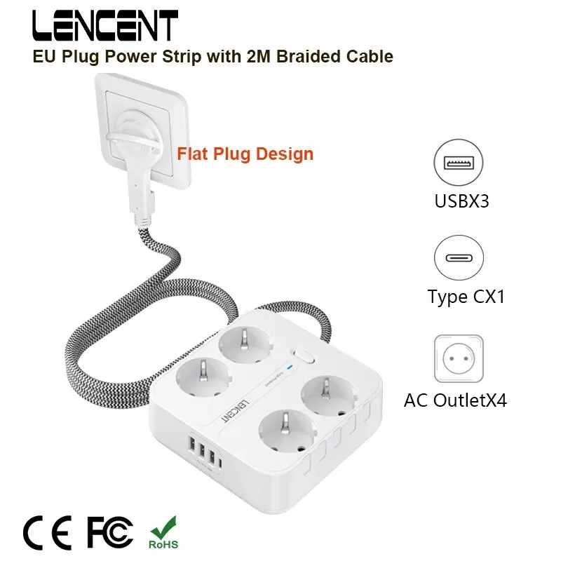 LENCENT EU Plug Power Strip with 4 AC Outlets+ 3 USB+ 1 Type C +2M/3M Braided Cable Multi Socket with Switch for Home/Office