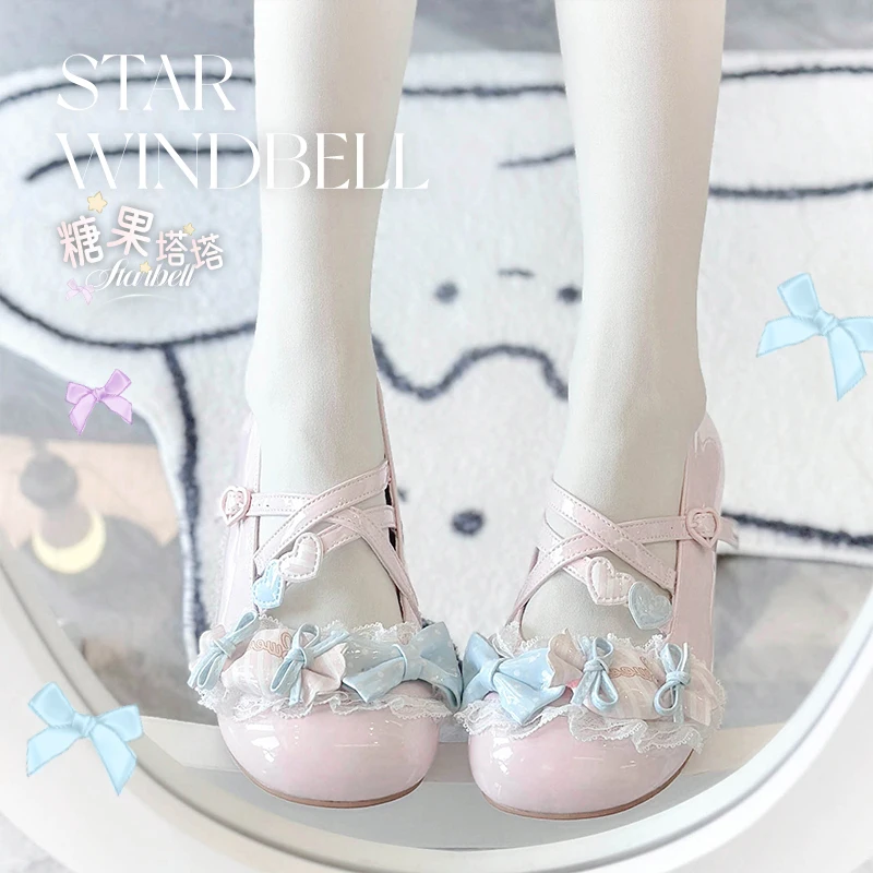 اليابانية الأصلية لطيف لوليتا كاندي القوس الدانتيل شقة واحدة أحذية نسائية مريحة مستديرة الرأس أحذية من الجلد الصغيرة فتاة لينة