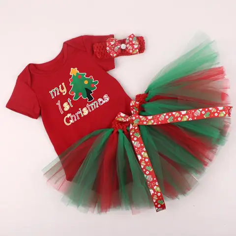 Merry Xmas Newborn 3 Pieces Suit Baby Wear Ruffle Sleeveless Romper Tutu Skirt My First Christmas Print Intants New Year Costume
