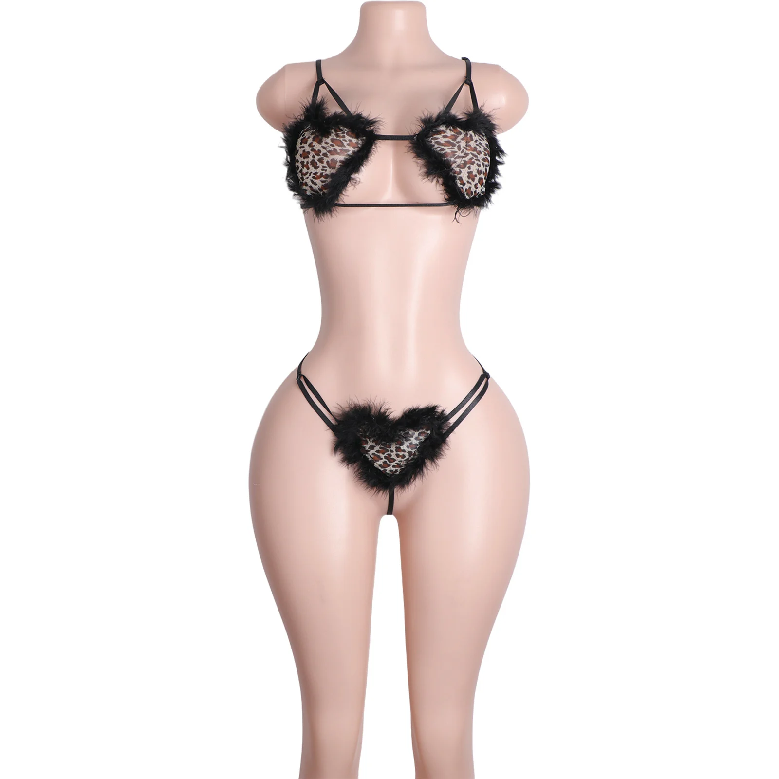 

Leopard Feather Trim Deep V Bikini Thong Set Mini Dress Stripper Outfit Mesh Jumpsuit Clubwear Exotic Dance Performance Wear