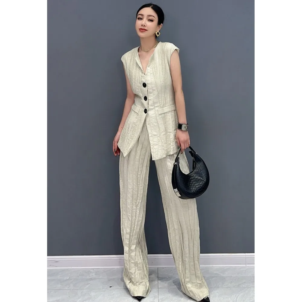 

2024 Summer Autumn New Vest Coat + Wide Leg Pants Two Piece Set Women Folded Spliced Mesh Fashion Casual Pant Set Beige ZF045