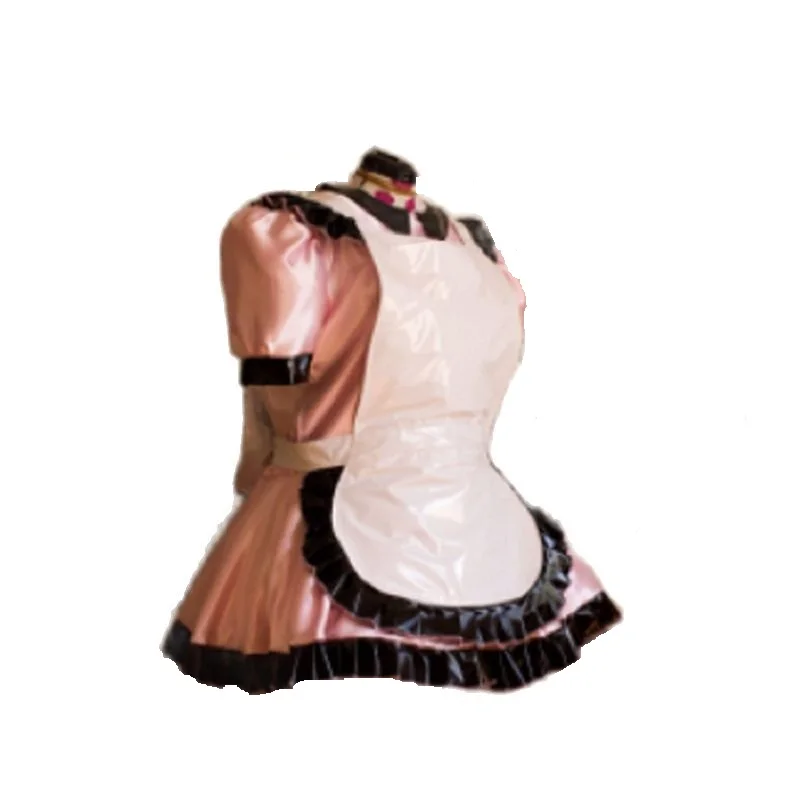 

New Pink PVC Maid Sissy Lockable Independent Apron Lapel Ruffle Dress Role Play Set Custom