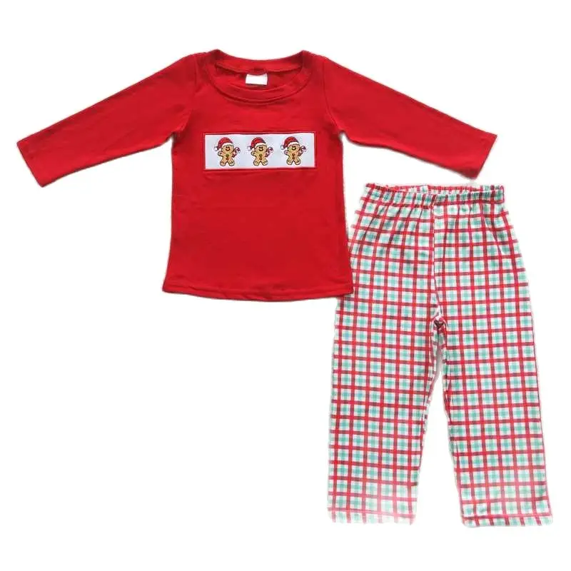 

Embroidered gingerbread man red and green plaid long-sleeved trouser suit