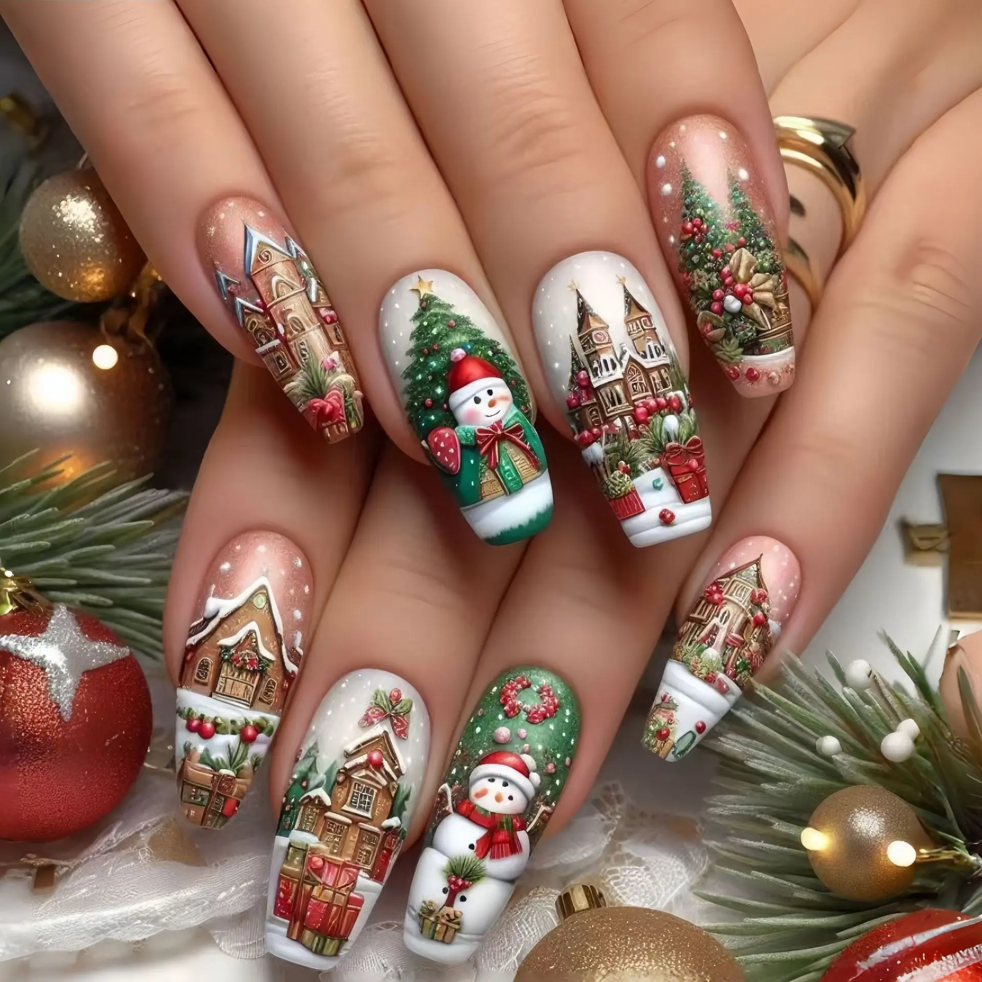 Kurze mittelgroße künstliche Nägel für die Weihnachtsfeier, Weihnachtsmann, Hirsch, Schneemann, Schneeflocken, Mandel, quadratische Spitzen zum Aufdrücken des falschen Nagelkunst-Sets