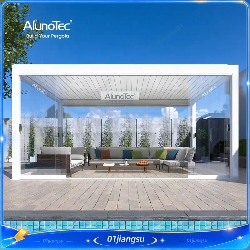 4.5x5m Electric Luxury Gazebo Outdoor Louvre Roof Pergola Modern Aluminum Patio Canopy Kit for Backyard Garden Kitchen