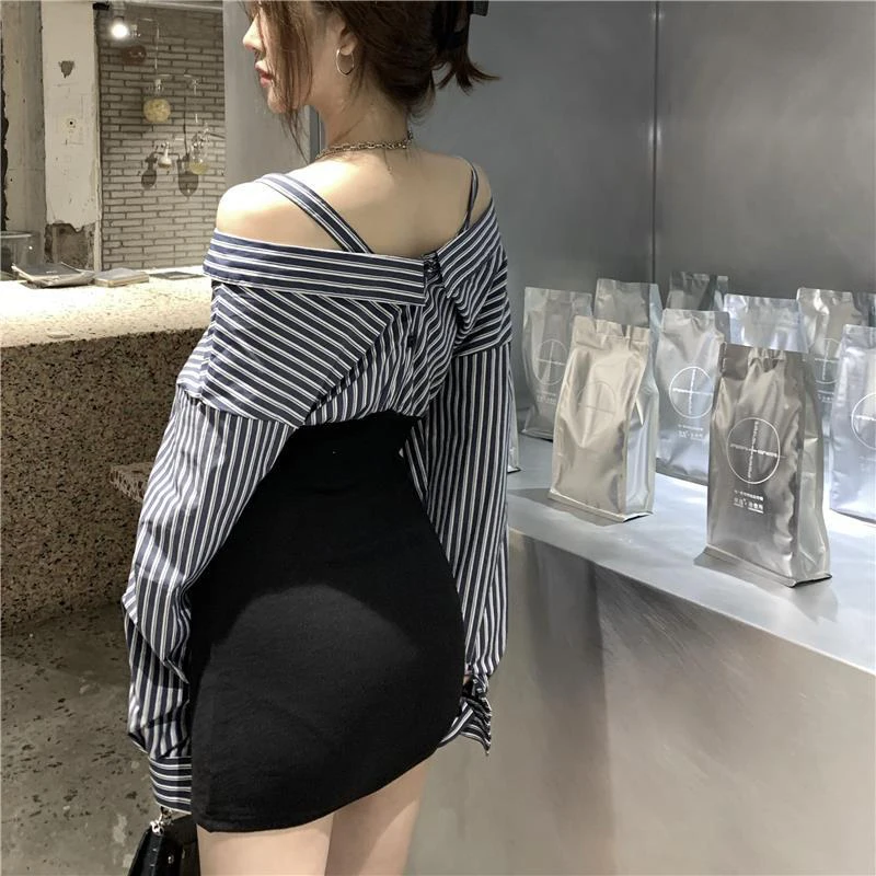Minivestido camisola con hombros descubiertos para mujer, vestidos elegantes de retazos a rayas de manga larga con cuello oblicuo para otoño, vestido ajustado falso de dos piezas