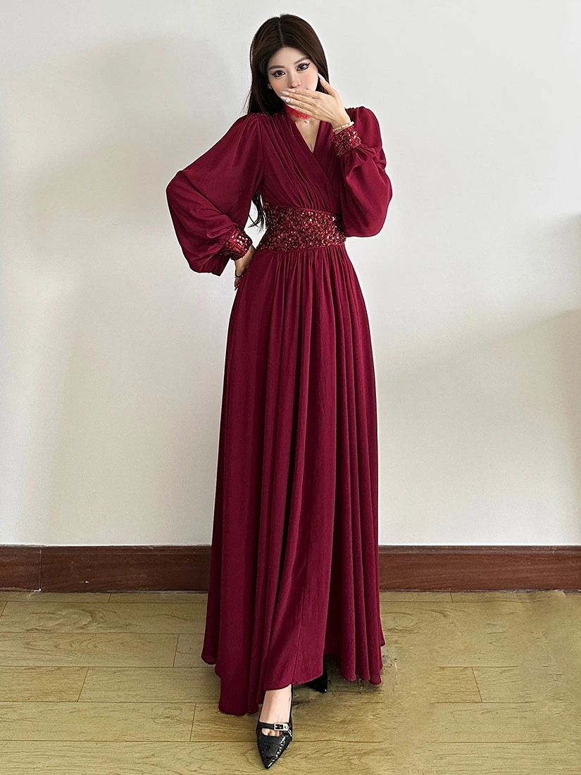 تنورة WEIRD PUSS النسائية الفنية الطويلة Sve Dr Deep V Ne تنورة التخسيس iny الترتر الخصر Cinched Faionable Dr #3