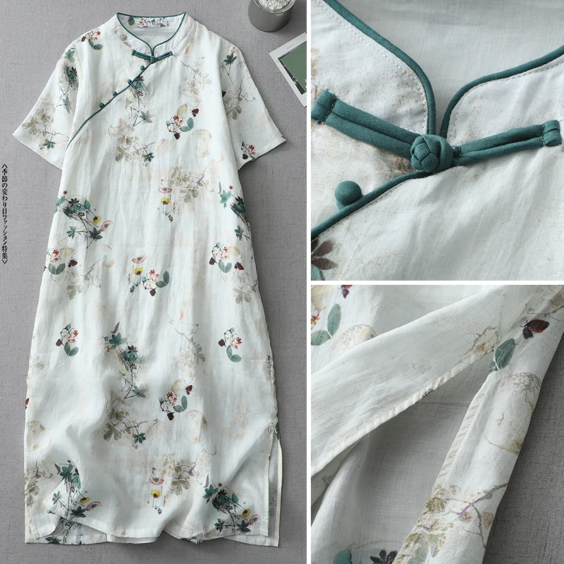 Qipao Dr de longitud media para mujer, corte en A, algodón fino, corte holgado, Hanfu Sle, estampado, abertura baja, ort Sve Summer Faion