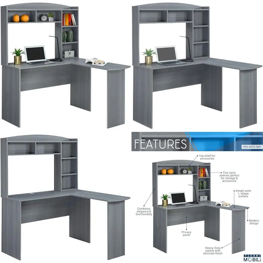 

Modern Grey L-Shaped Desk with Hutch for Computer