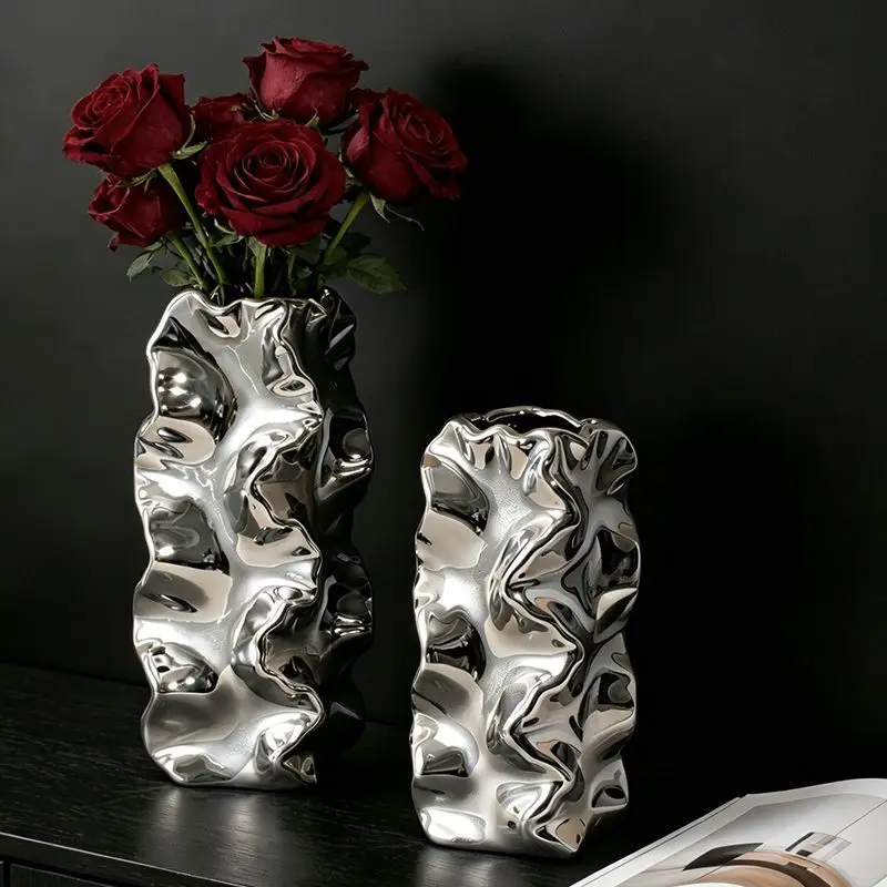 Silver Electroplated Irregular Wrinkled Ceramic Vase Modern Art Flower Pot Aesthetic Home Living Room Tabletop Decor Ornament