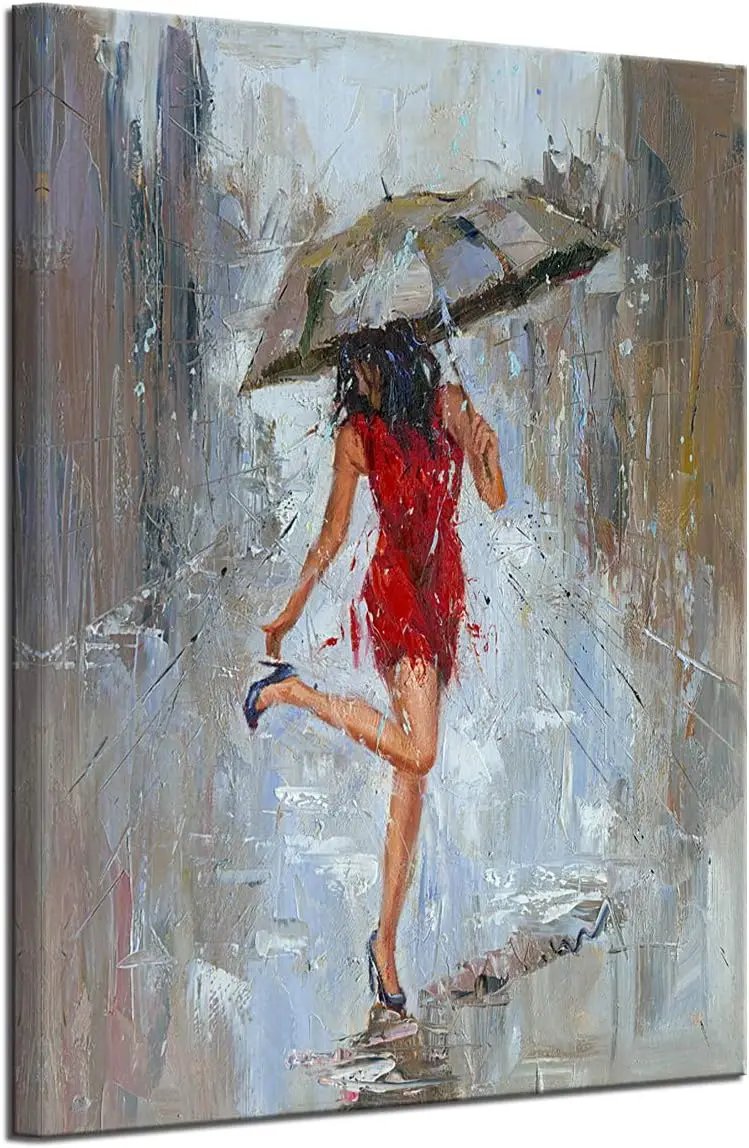 Abstract Canvas Print Rain Modern Wall Art Painting Girl Umbrella with Red Dress Walking in Street Figure Artwork