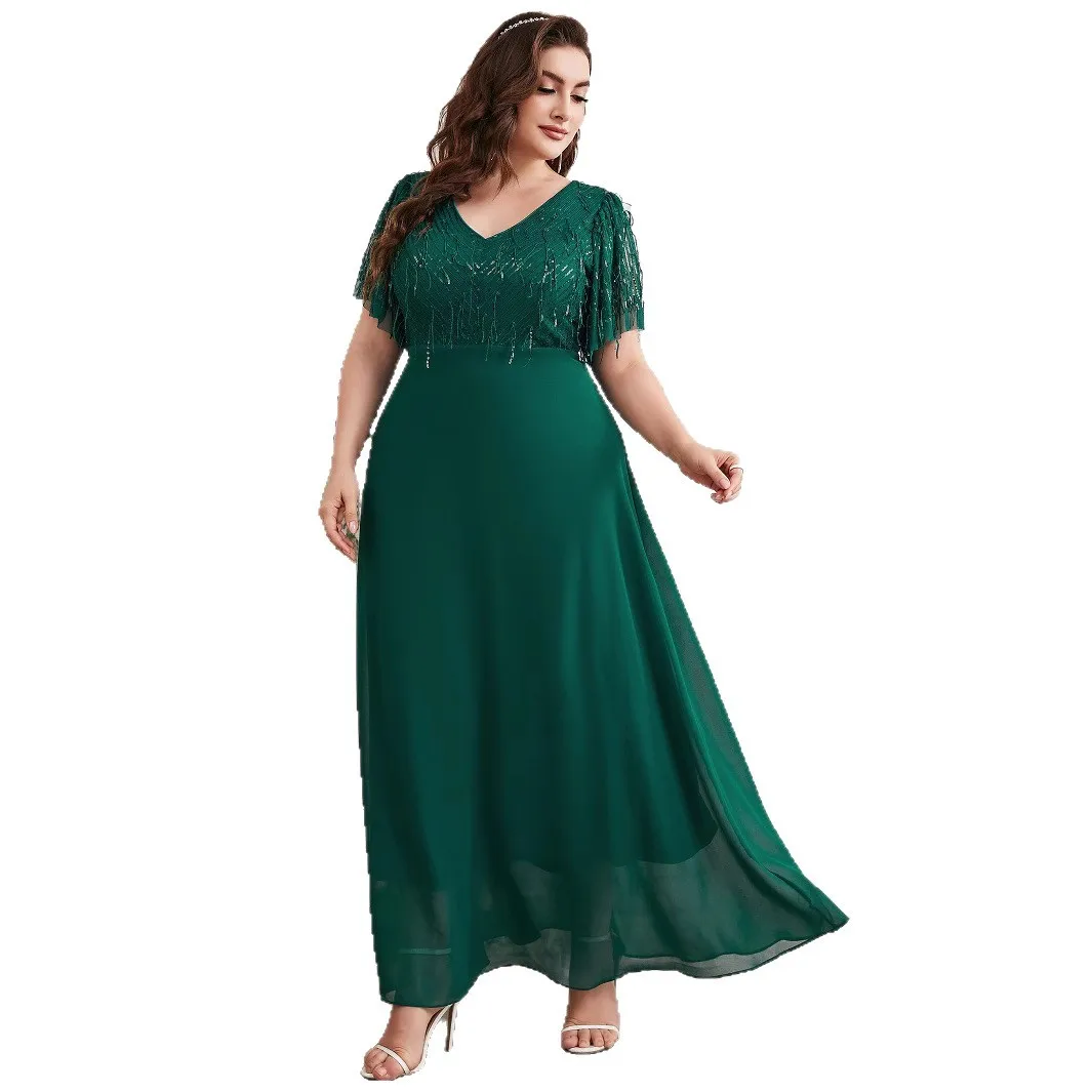 Exquisite Sequined Double V-neck Chiffon Long Plus Size Formal Evening Dress With Short Sleeves Green