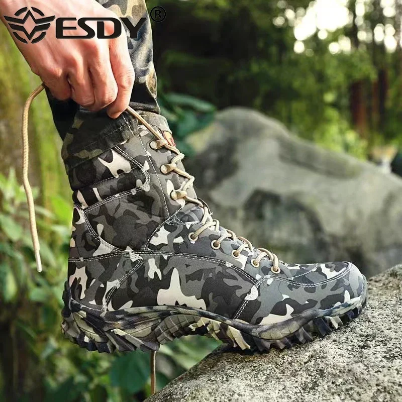 Men Boots Combat Mens Waterproof Canvas Camo Ankle Boots Tactical Size 37-46 Camouflage Boot Male Shoe Work Safety Shoes