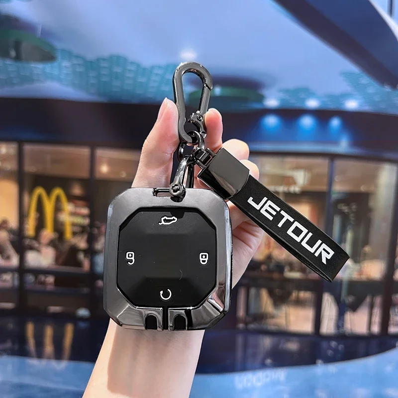 Car Zinc Alloy Leather Key Case For Chery Jetour Traveller 2023 2024 Jetour T2 Key Full Cover Prtective Holder Chain Decorations