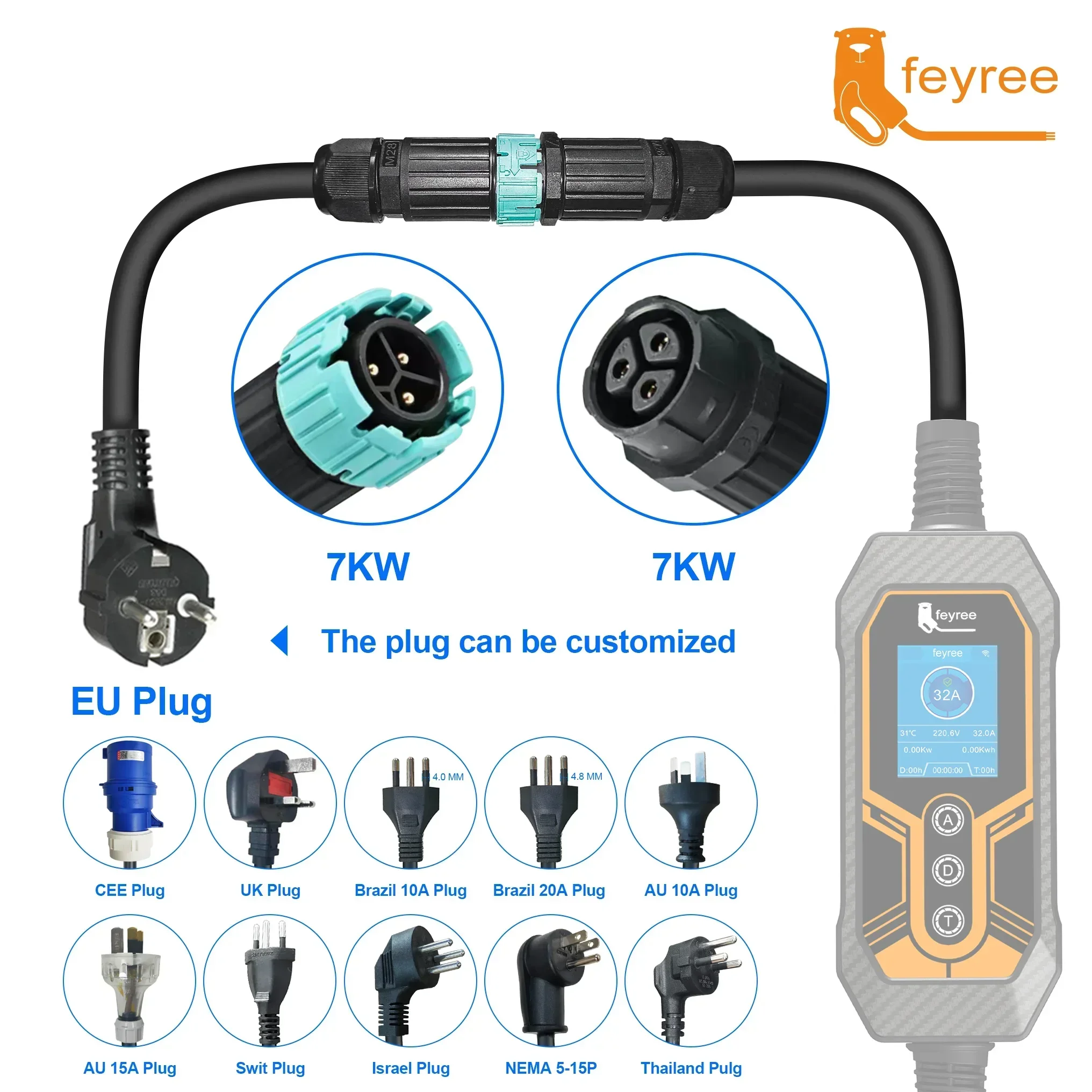 feyree 7kw Electric Vehicle Charging Adapter To EU AU Brazil Male Adapter EV Charger Connector Customized plug for Electric Car