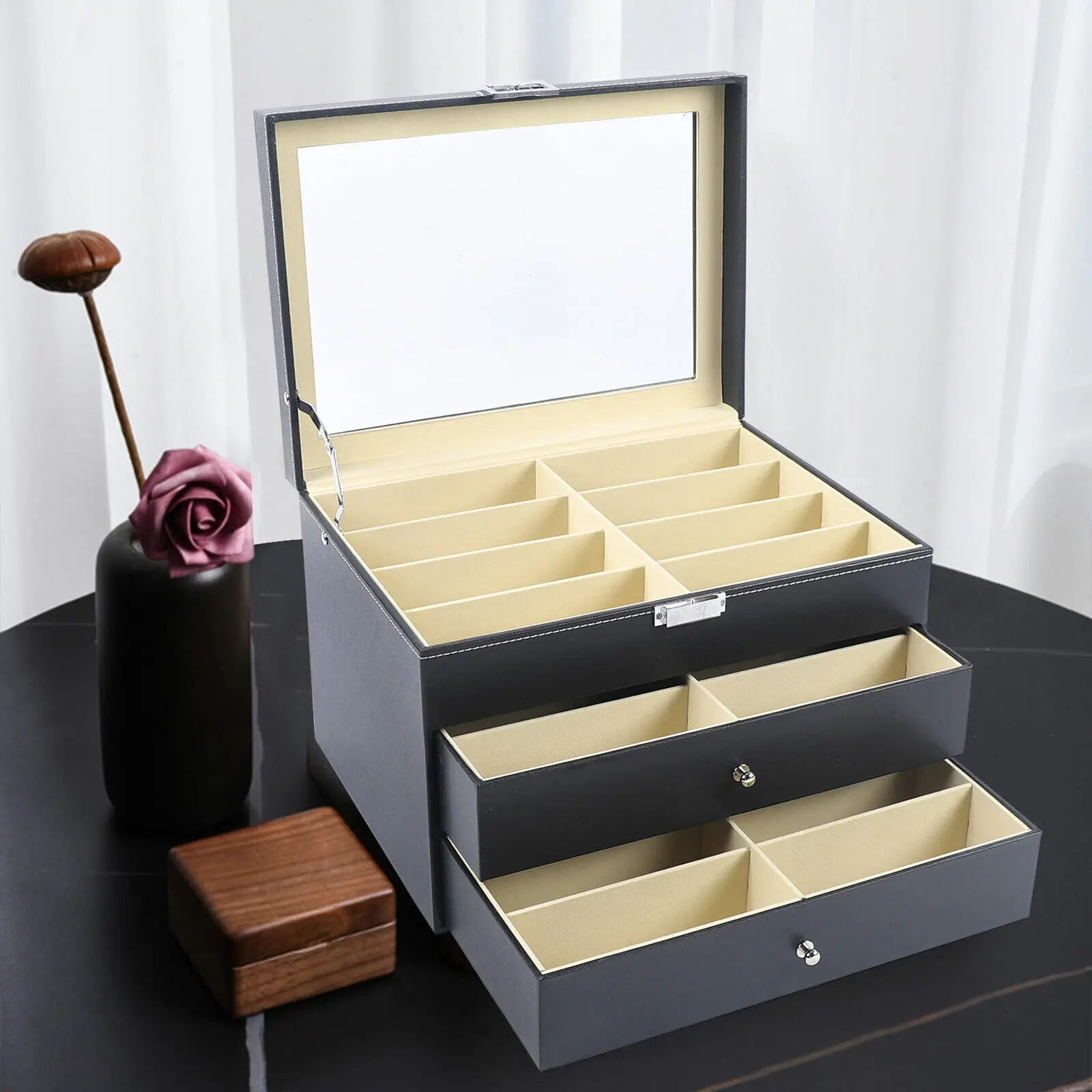 

24 Grids Sunglasses Jewelry Display Case Large 3-layers Glasses Jewelry Storage Box with Drawer