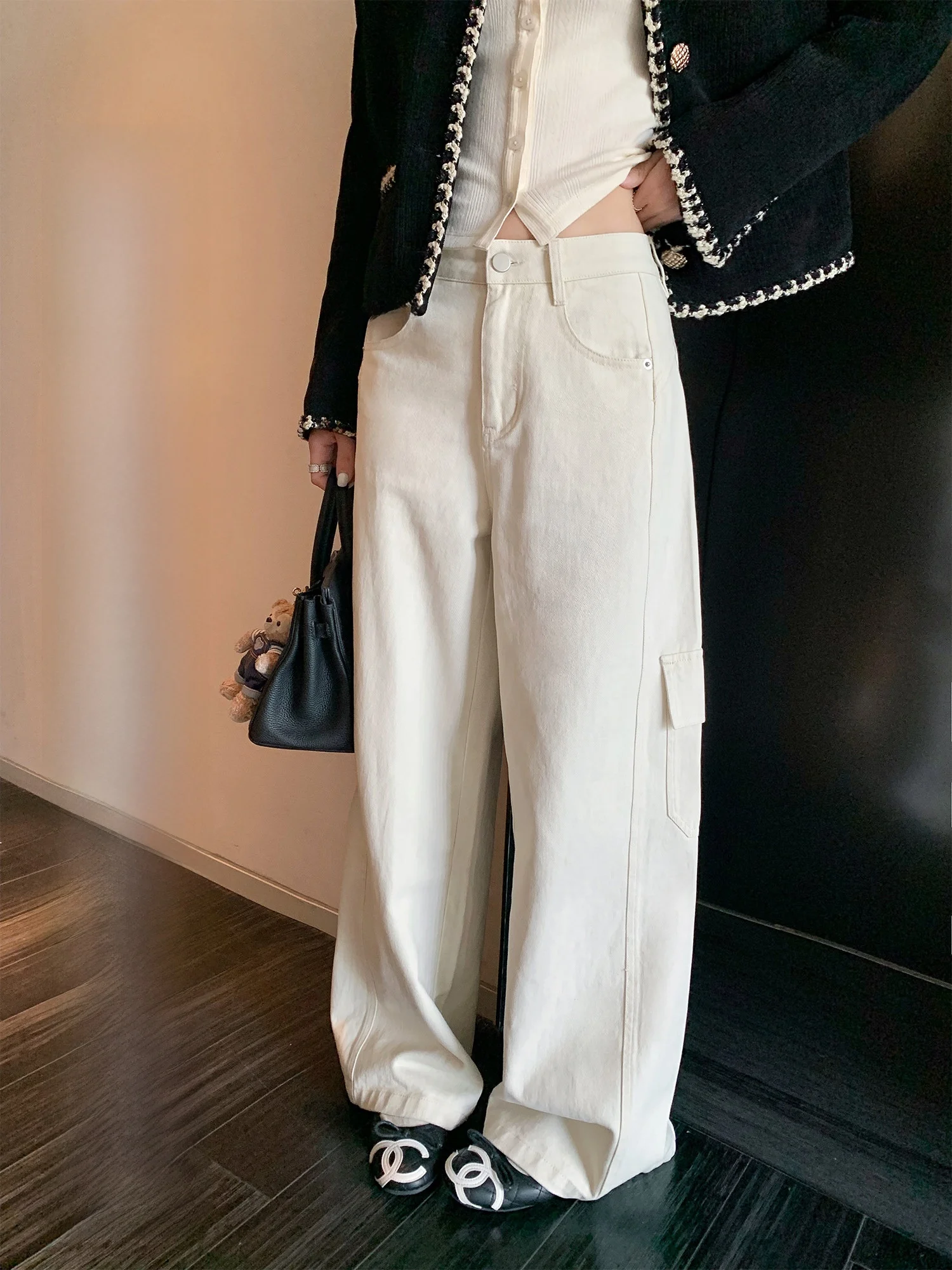 

Yuzhiqi Workwear Wide Leg Straight Cut Jeans Women's High Waist Cargo Pants All Season Casual Trousers for Ladies