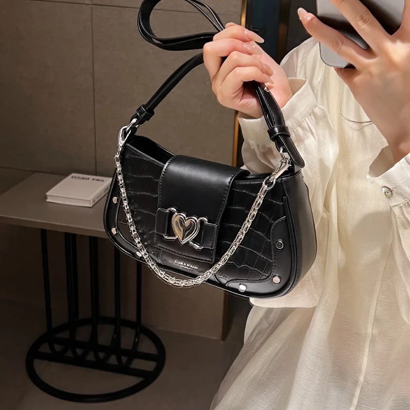 French Niche Chain Underarm Bag Women\'s Bag 2024 New Stone Pattern Small Square Fashionable Shoulder Baguette Bag