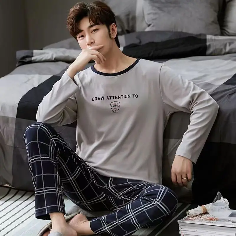 Men Pajamas Set of Autumn and Winter Long-Sleeved Long Trousers Youth Nightwear Homewear Two-Piece Striped Sleepwear Loungewear