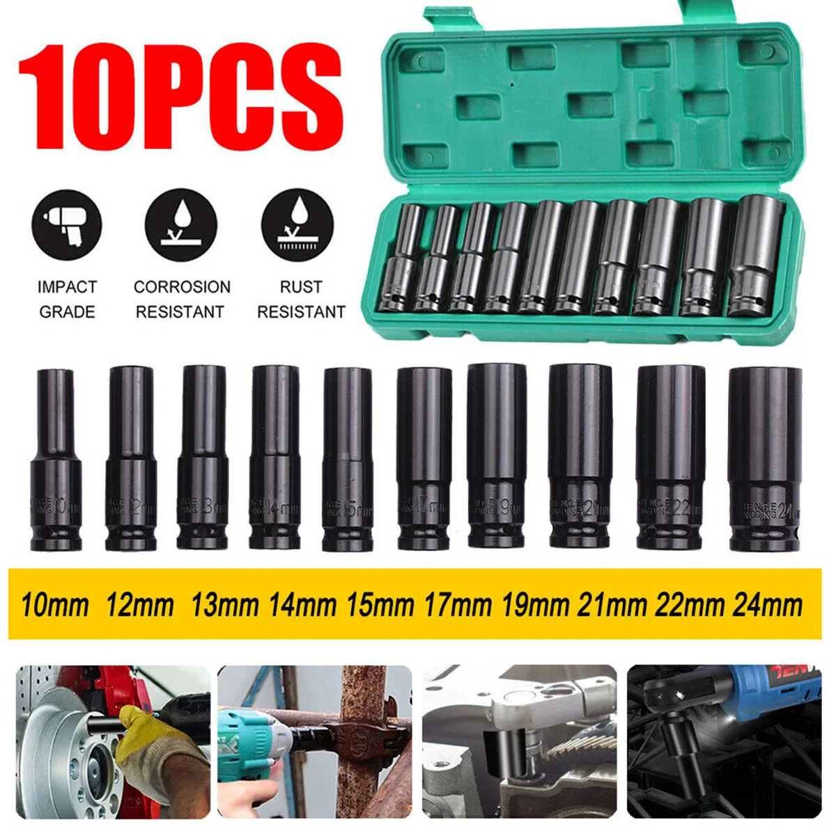 10Pcs 1/2'' Drive Deep Impact 6-Point Hex Socket Set Black 8mm-24mm CR-V Extended Hex Wrench Sleeve Tools Kit With Storage Box