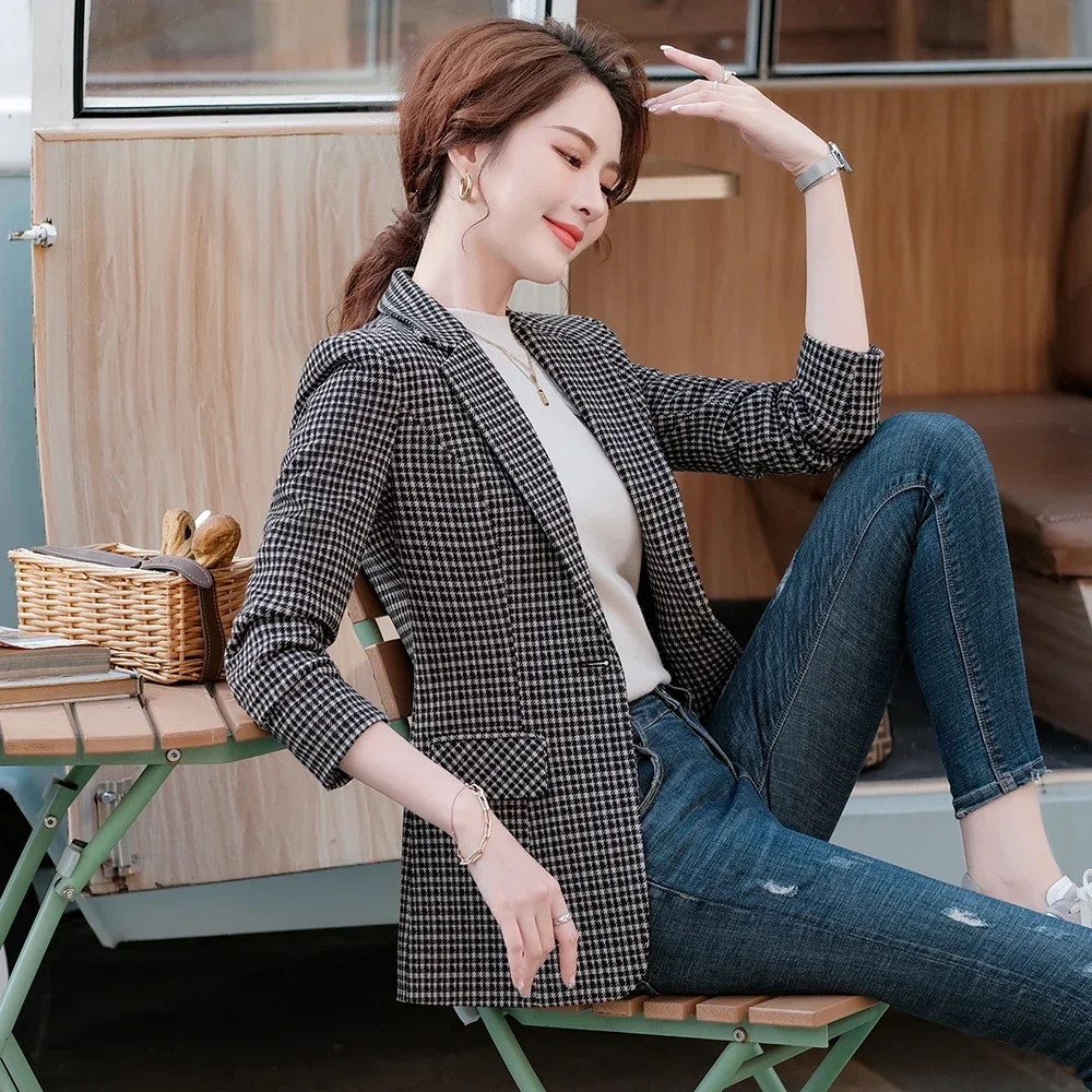 High Quality Women Coffee Plaid Single Button Blazer for Ladies Spring Autumn Wear Fashion Female Formal Design Jacket Coat