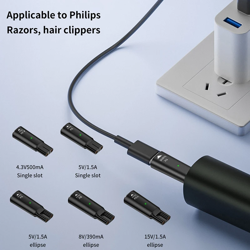 1Pcs 5V/4.3V/8V/15V USB-C Adapter For Philips Shaver Charging Connector Type-C To Hair Clipper Charger Adapter With Indicator