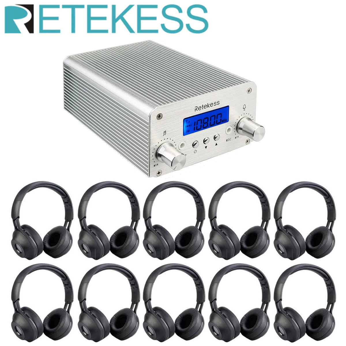 Retekess TR501 6W Wireless FM Broadcast Transmitter Radio Station+10pcs TR104 Headphone for Drive-in Church Meeting Translation