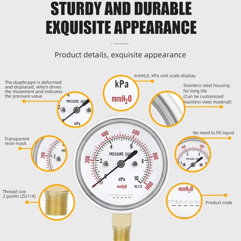 -40~0kpa 0-2.5kpa Adjustable mmH2O Kpa pressure gauge 0-10kpa 0-15kpa 0-20kpa 0-60kpa Calibratable micro pressure meter