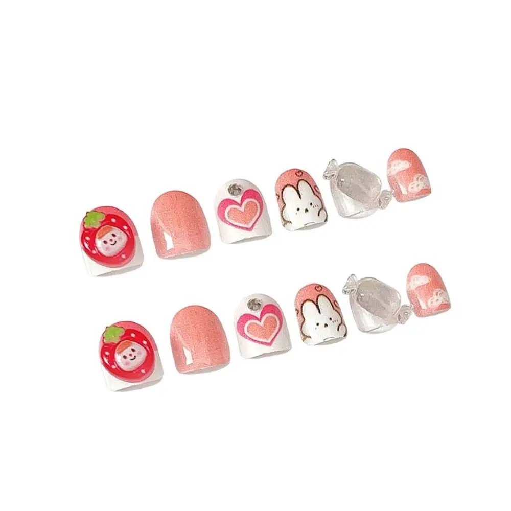 

12Pcs/set Flowers Children False Nails Love Heart Bowknot Kids Fake Nail Extension Candy Color Full Cover Nail Art Tips