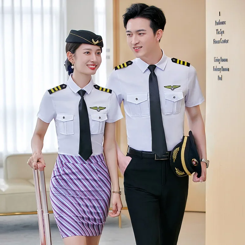 Popular Air Hostess Uniform Short Sleeve Shirt For Men Women Same Style As Military Drummer Performance Outfit Aviation Uniforms