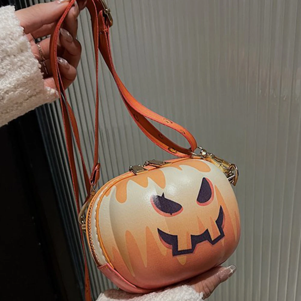 Cartoon Pumpkin Round Small Candy Bag Halloween Smiling Face Mini Crossbody Bag Fashion Wide Strap Sling Shoulder Messenger Bags