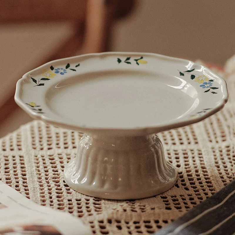 Vintage French Tall Plate Ceramic Home Dessert Plate, Hand-painted Small Flowers Beige Plates, Kitchen and Dining Tableware Set