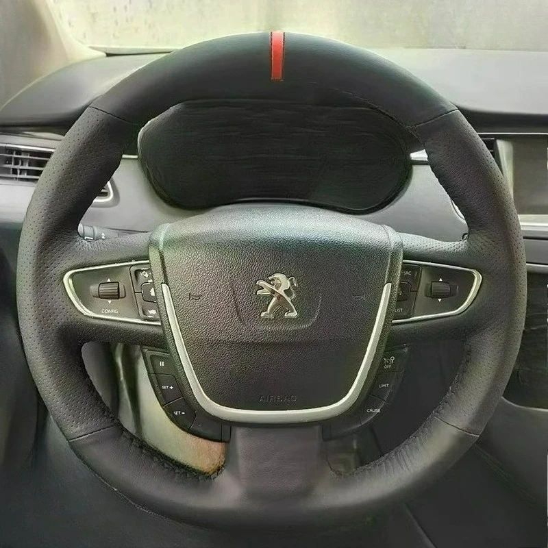 

Hand-stitched renovation wear-resistant Non-slip black leather car steering wheel cover For Peugeot 508 2011-2008 SW 2012-2017