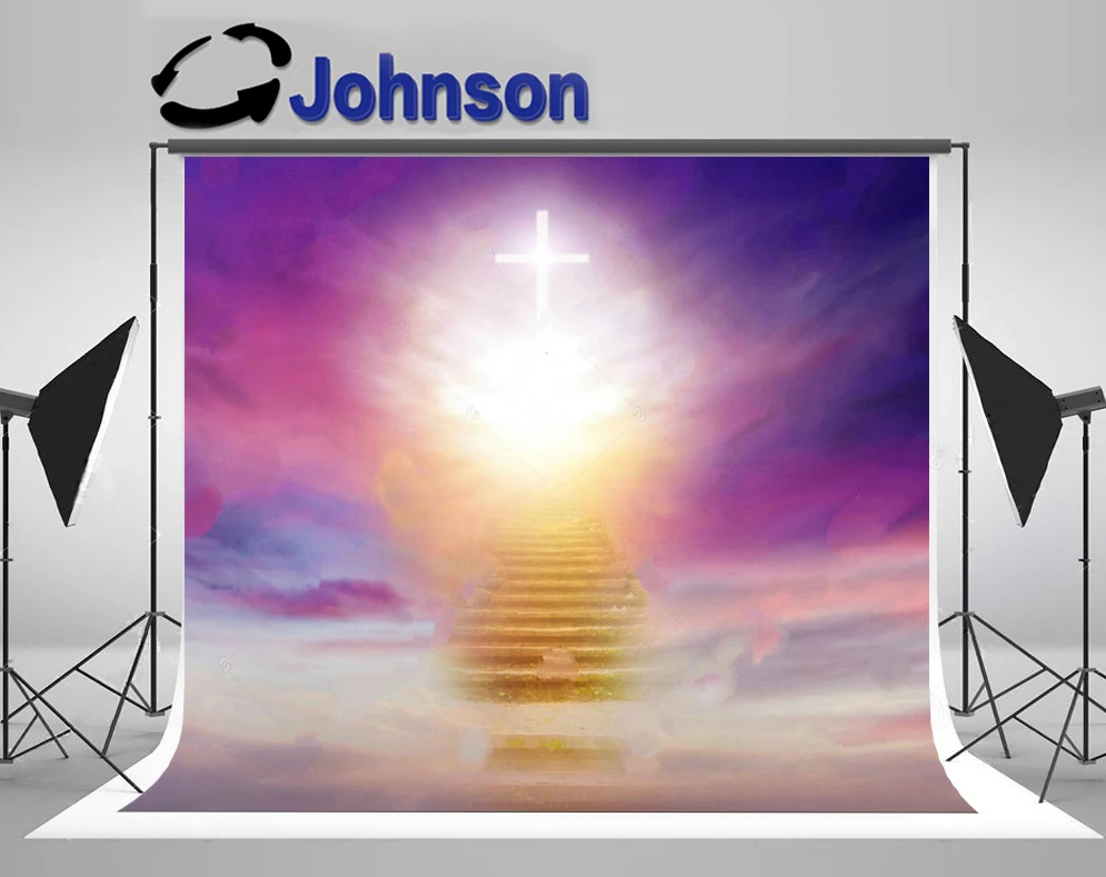 

JOHNSON Religious Jesus Heaven Stairway Sky Clound Light Christian Cross backdrop Computer print party background