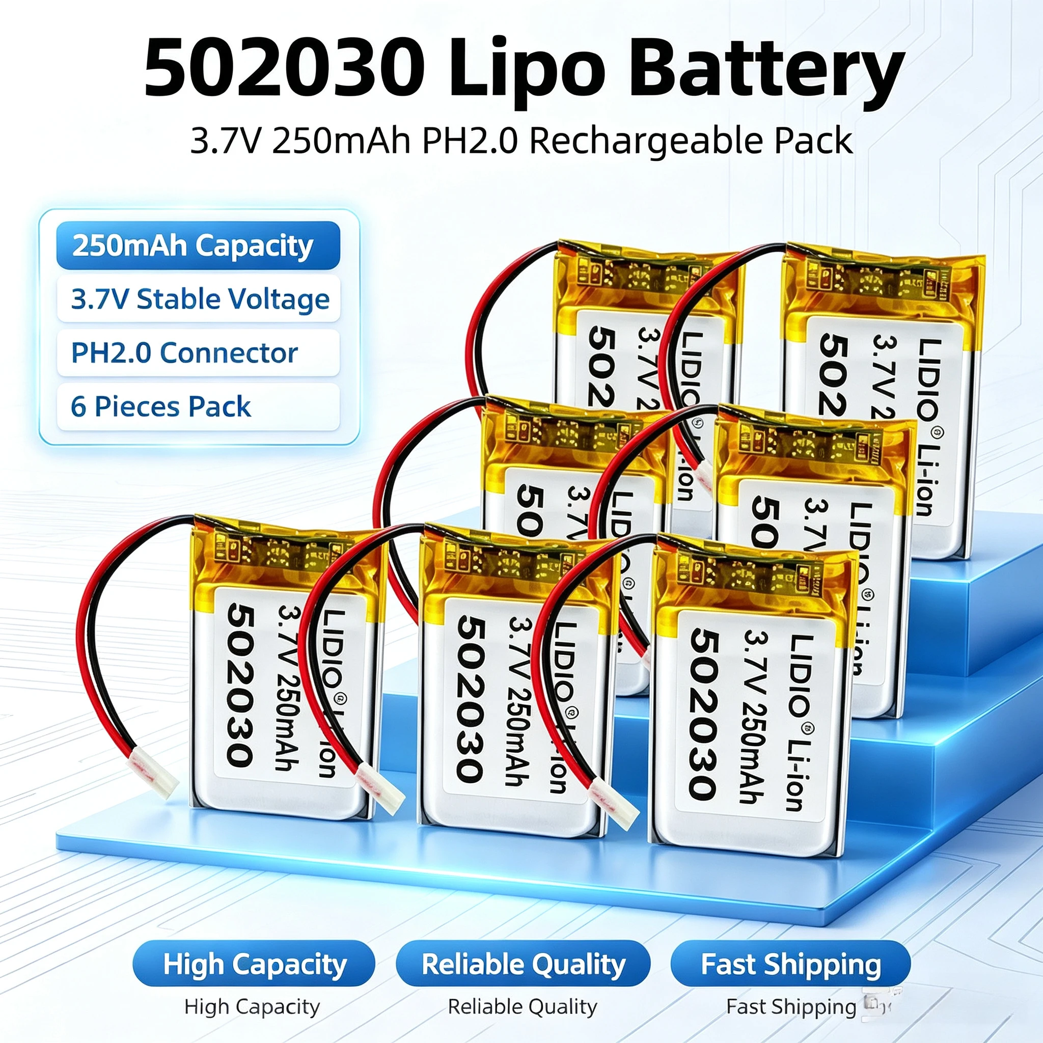 502030 3,7V Lipo 300mAh Polymer Wiederaufladbare Li-Ionen-Batterien Ph2,0mm für Bluetooth-Headset-Ladehülle Kabellose Maus