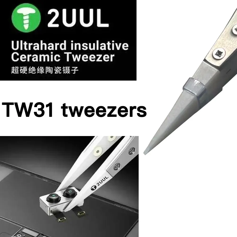 2UUL TW31 Ultra-Hard Insulative Ceramic Tweezers, Anti-Static for Mobile Chip CPU/IC/PCB Precision Repair Tools