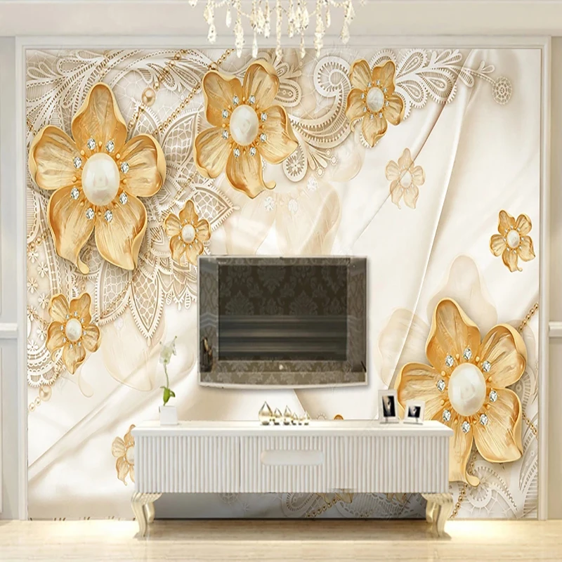 

3D Wallpaper Gold European Style Jewelry Flowers Photo Wall Murals Living Room TV Sofa Bedroom Home Decor Background 3D Fresco