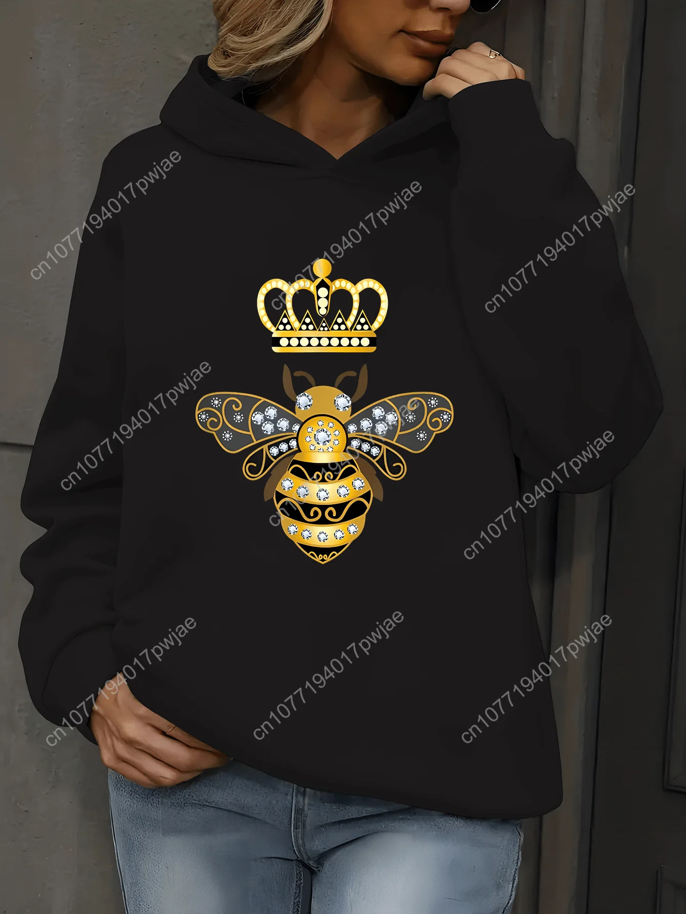 Moletom com capuz com estampa de abelha e coroa, moletom casual de manga comprida para outono e inverno, roupas femininas