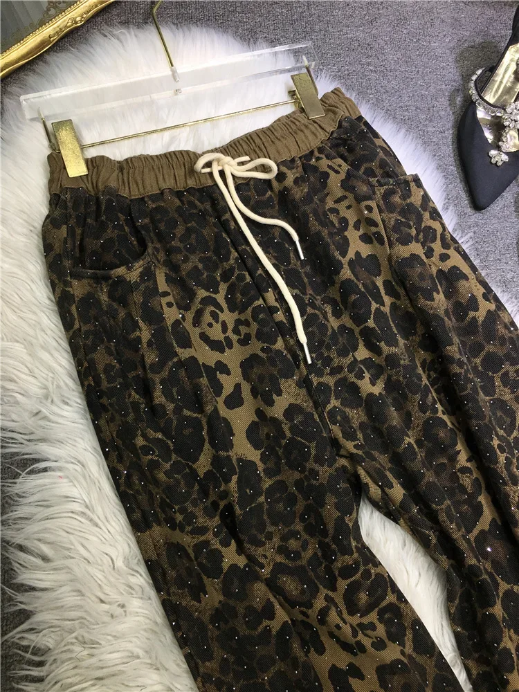 Heavy Industry Hot Diamond Luxury Fashion Leopard Harlan Pants Women Elastic Waist Tied Feet Casual Pants Autumn Winter Trousers