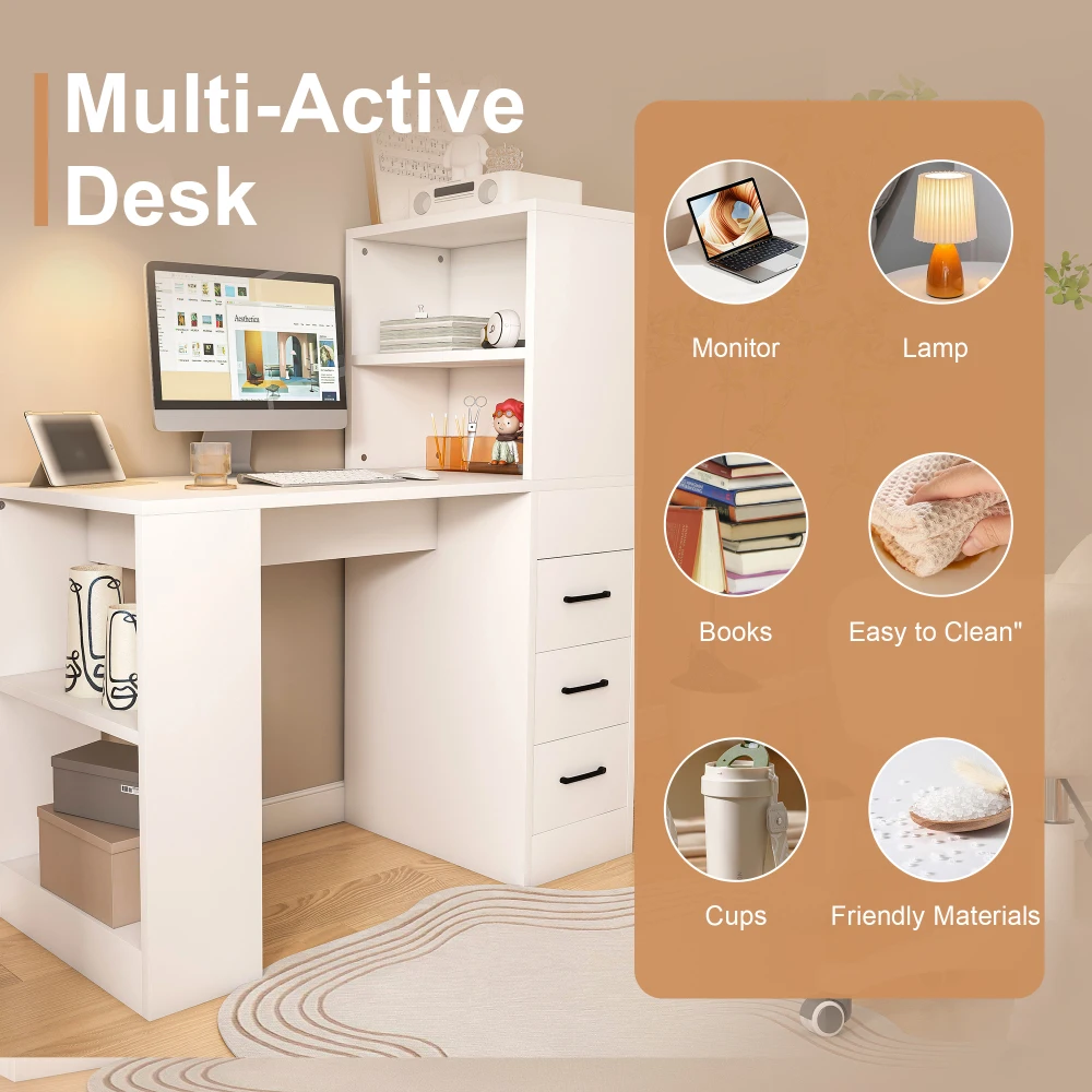 Orraves White Computer Desk with 4-in-1 Socket, the Desk with 3 Slide Drawers and 4 Storage Levels, the Wooden Desk Is Suitable for a Variety of Places