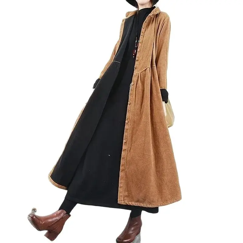 

Add Velvet Thickened Corduroy Winter Windbreaker Retro Knee Length Women Trench Coat Single Breasted Buckle Casual Outerwear