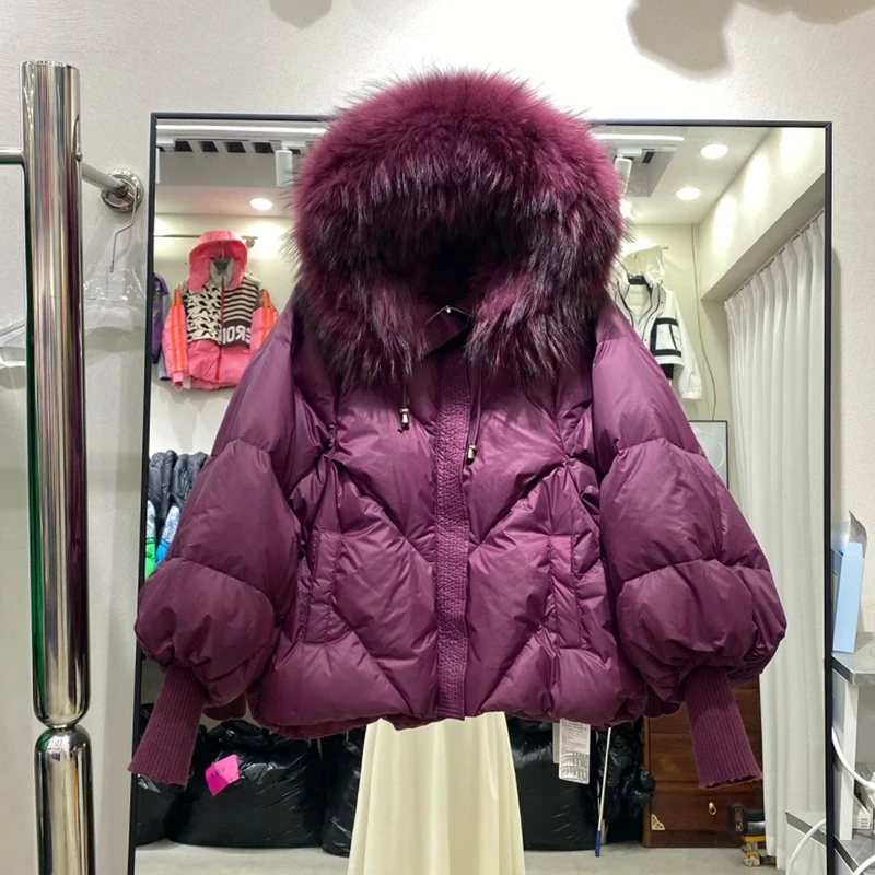 Winter High End Natural Large Fur Collar Down Jacket Female Hooded Warm Thick Parker Jacket Women White Duck Down Loose Outwears