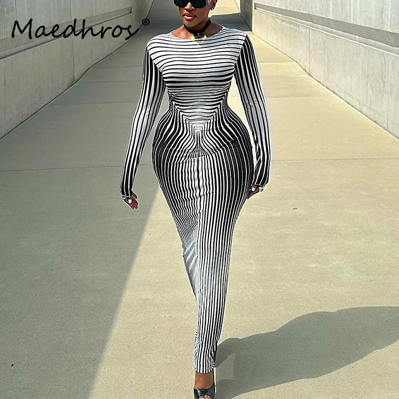 O Neck Long Sleeve Graphic Print Women Sexy Bodycon Slim Maxi Dress 2023 Fall Winter Women Streetwear Party Dress Y2K Clothes