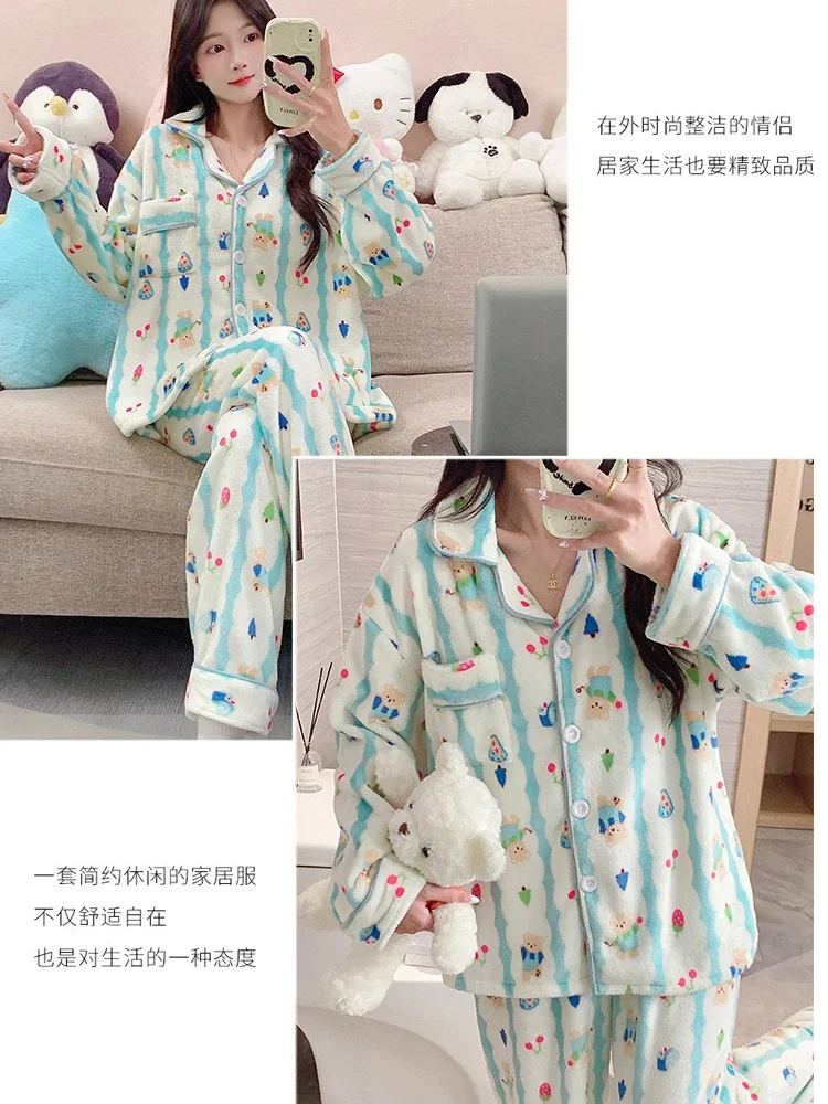 5XL Plus Size Winter Coral Fleece Thickened Pajamas Set Women\'s Cartoon Flannel Warm Home Clothes Soft Long Sleeve Two-Piece Pjs