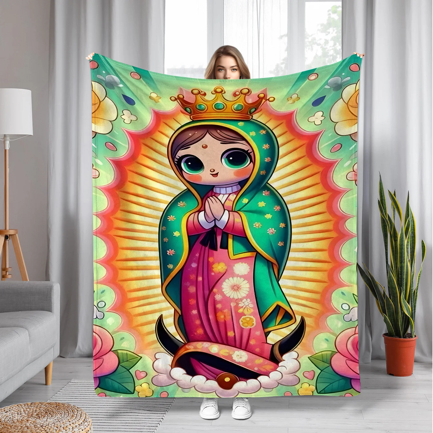 Adorable Cartoon Virgin Mary Print Blanket - Versatile All-Season Flannel Throw for Home Decor, Naps, Office, Sofa & Travel - Pe
