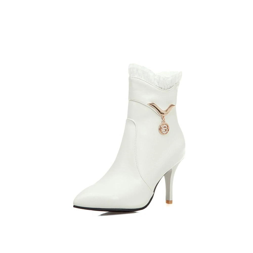 خريف شتاء 2024 حذاء من الجلد النساء أشار تو عالية الكعب الجانب سستة القوطي أحذية أبيض حذاء أسود حجم كبير 34-48 571-5