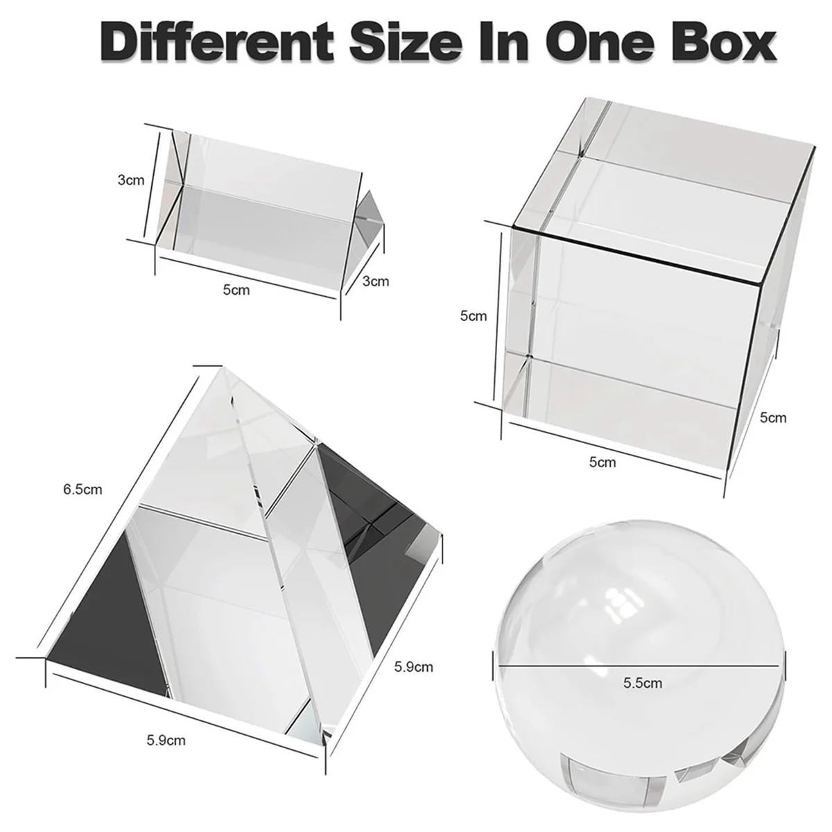 

Новый набор из 4 оптических кристаллических призмен K9, включает шарик 55 мм, квадратную и треугольную призму 50 мм, оптическую пирамиду 60 мм